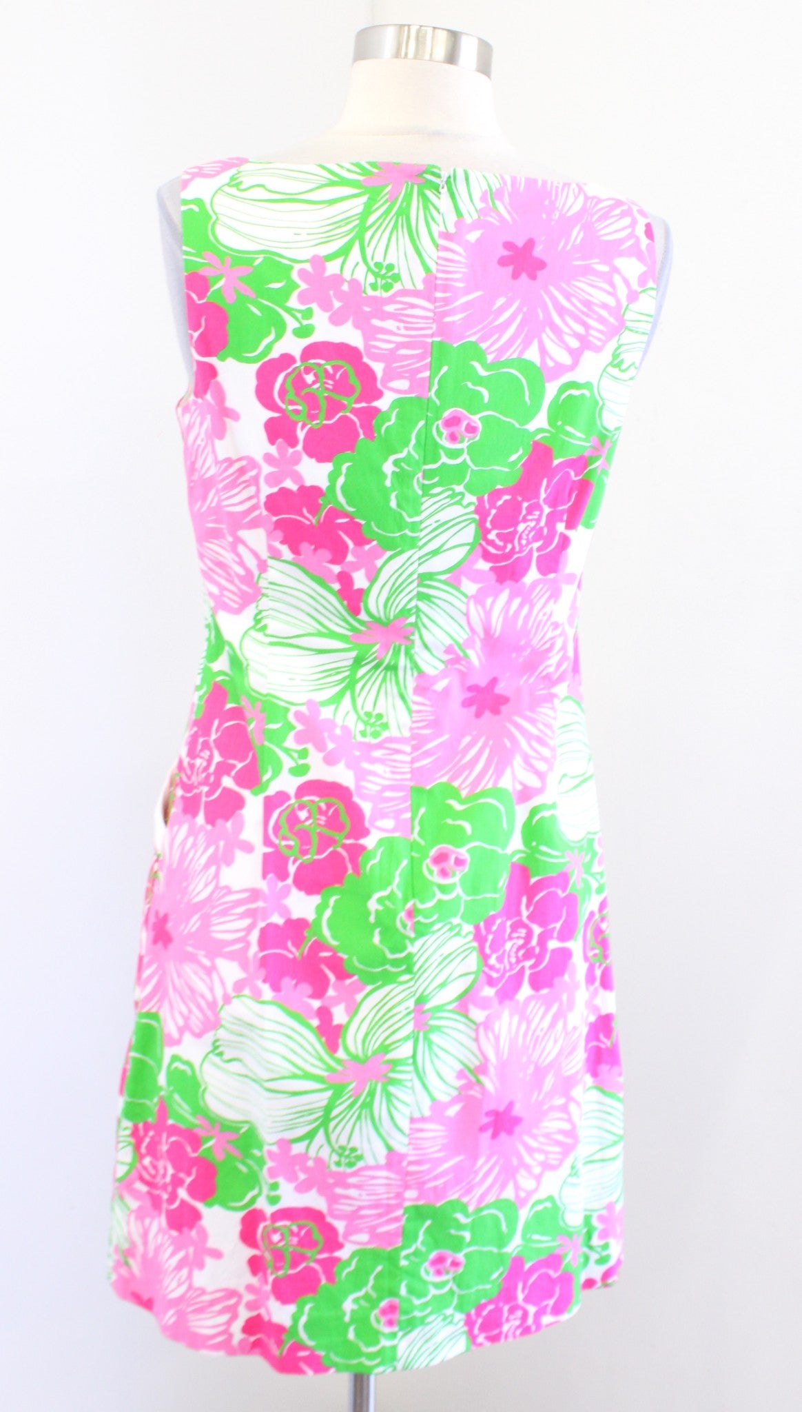 Lilly Pulitzer Pink Green White Bold Floral Print Bow Trim Shift Dress Size 2