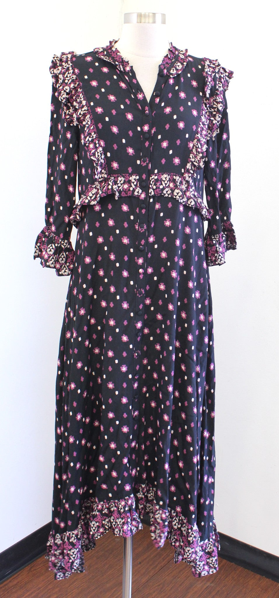 Free People Calico Skies Black Floral Ruffle Midi Maxi Dress Size S Peasant