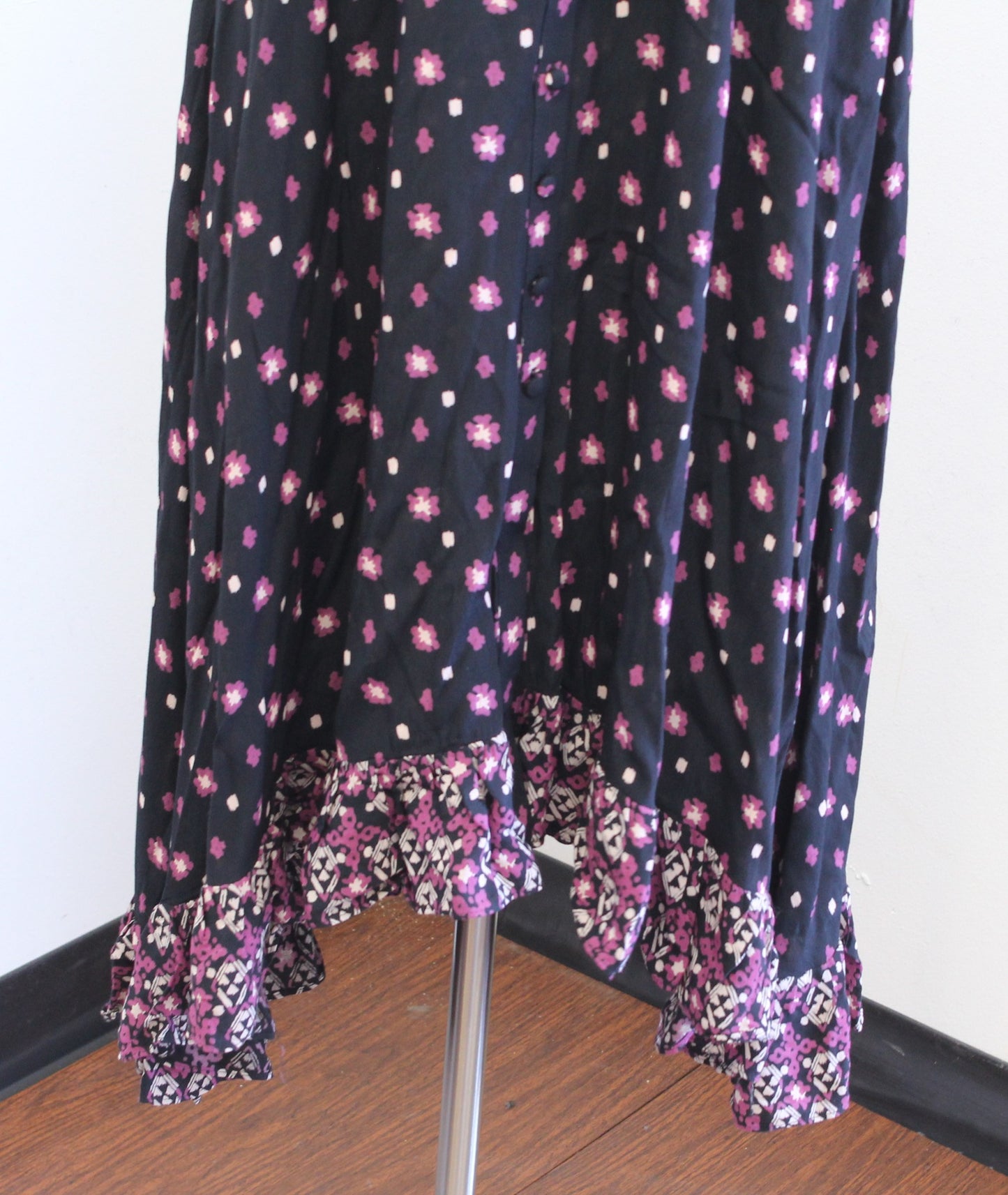 Free People Calico Skies Black Floral Ruffle Midi Maxi Dress Size S Peasant