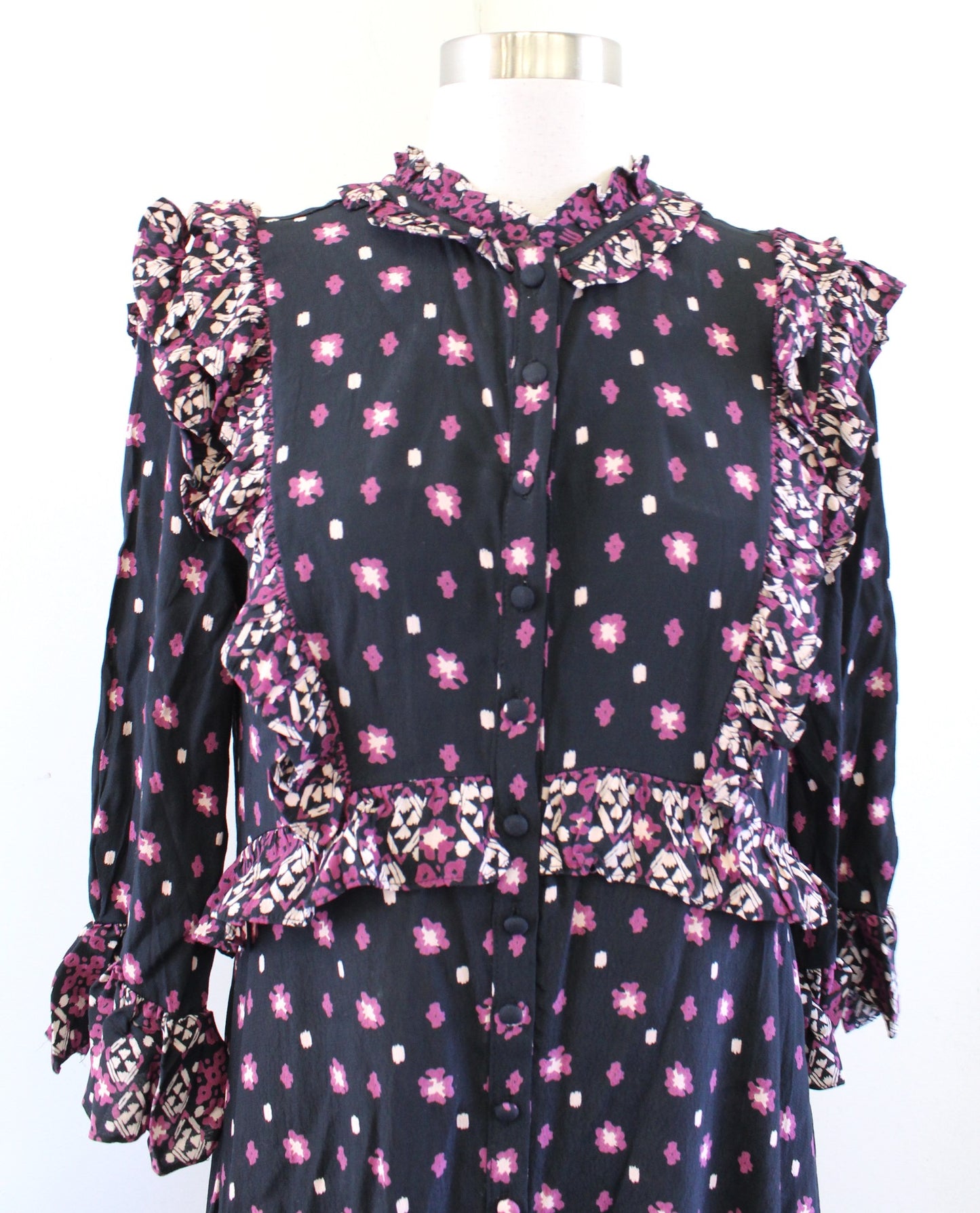 Free People Calico Skies Black Floral Ruffle Midi Maxi Dress Size S Peasant