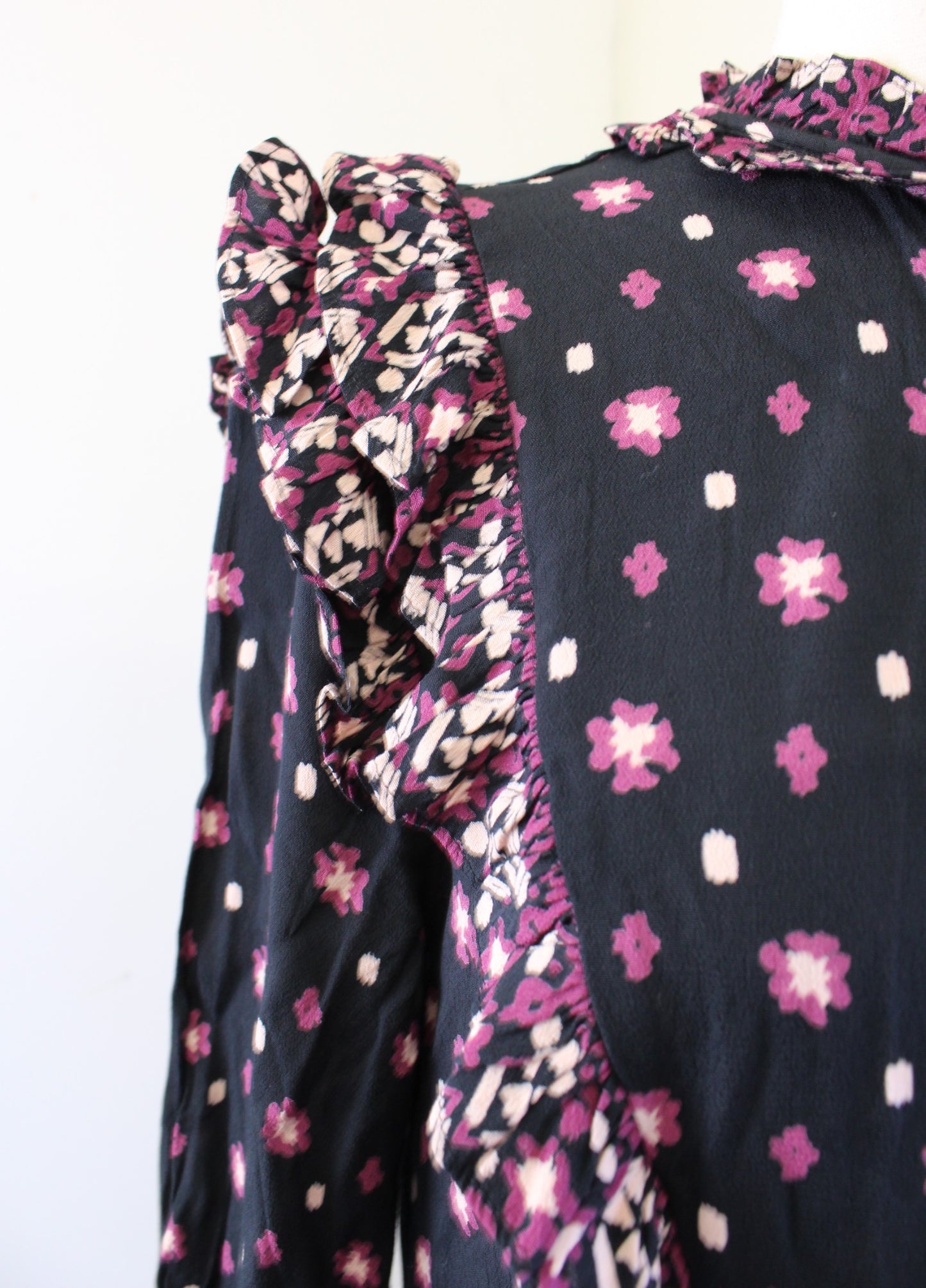 Free People Calico Skies Black Floral Ruffle Midi Maxi Dress Size S Peasant
