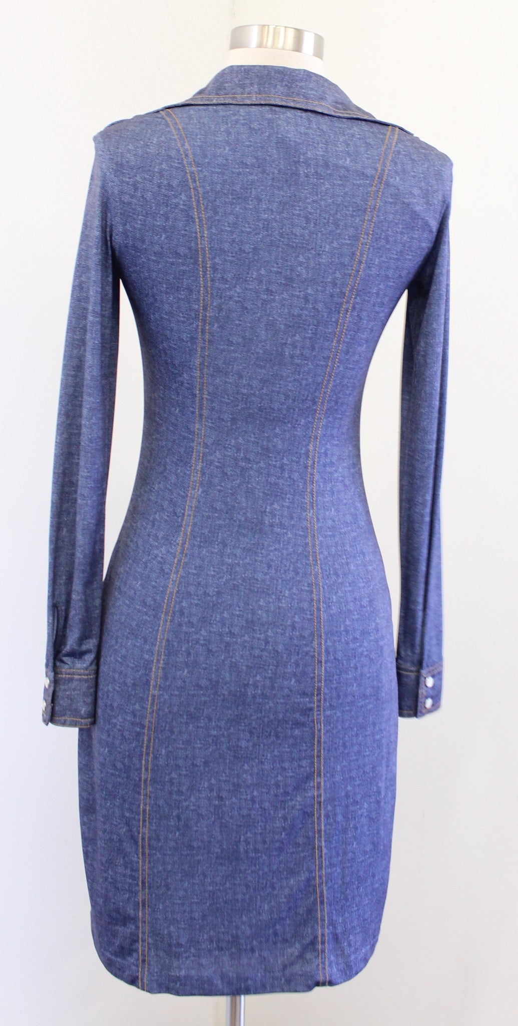 Cache Blue Denim Print V Neck Faux Button Up Long Sleeve Dress Size XS Bodycon