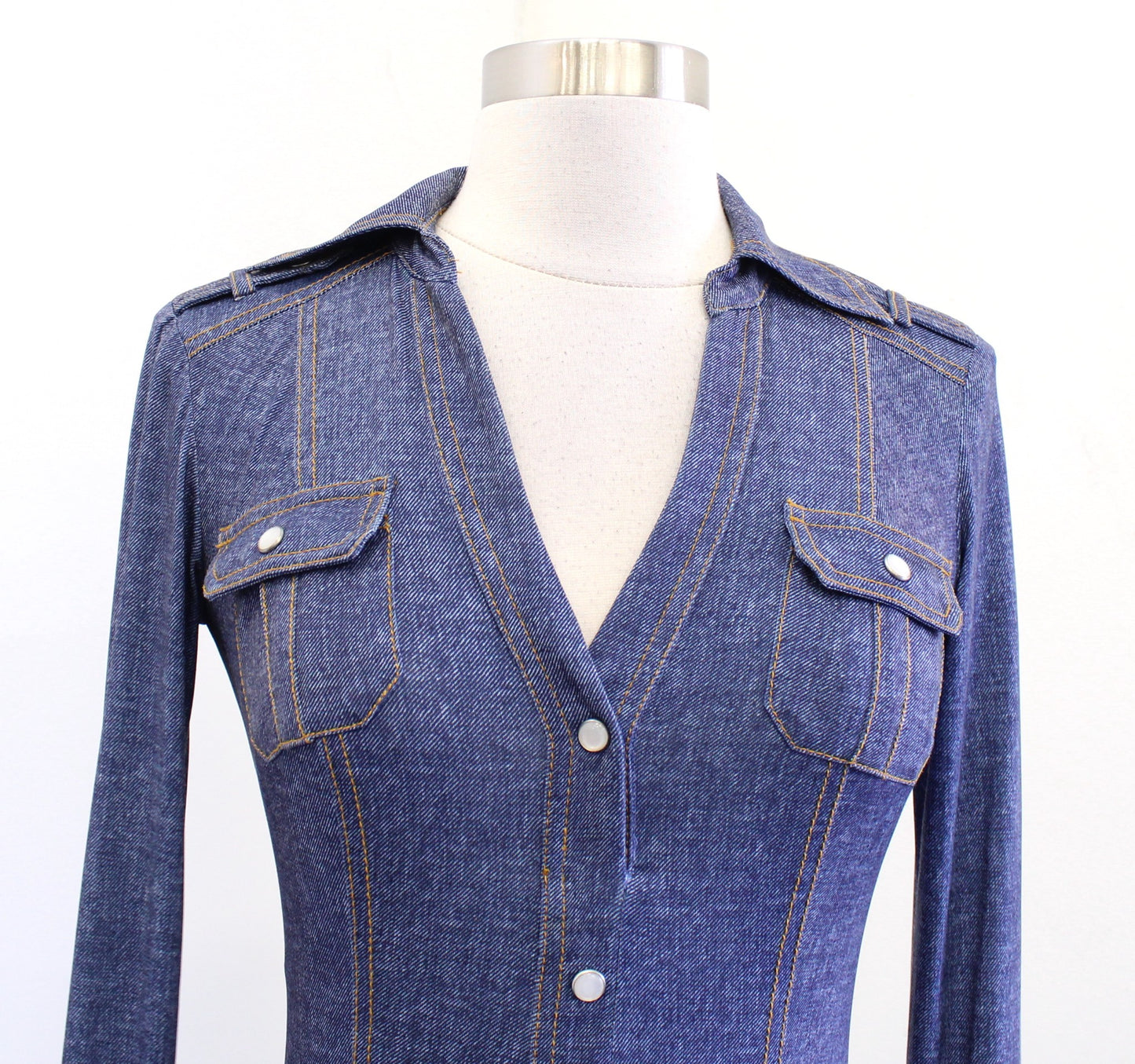 Cache Blue Denim Print V Neck Faux Button Up Long Sleeve Dress Size XS Bodycon