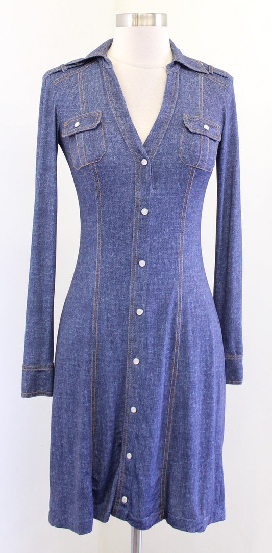 Cache Blue Denim Print V Neck Faux Button Up Long Sleeve Dress Size XS Bodycon