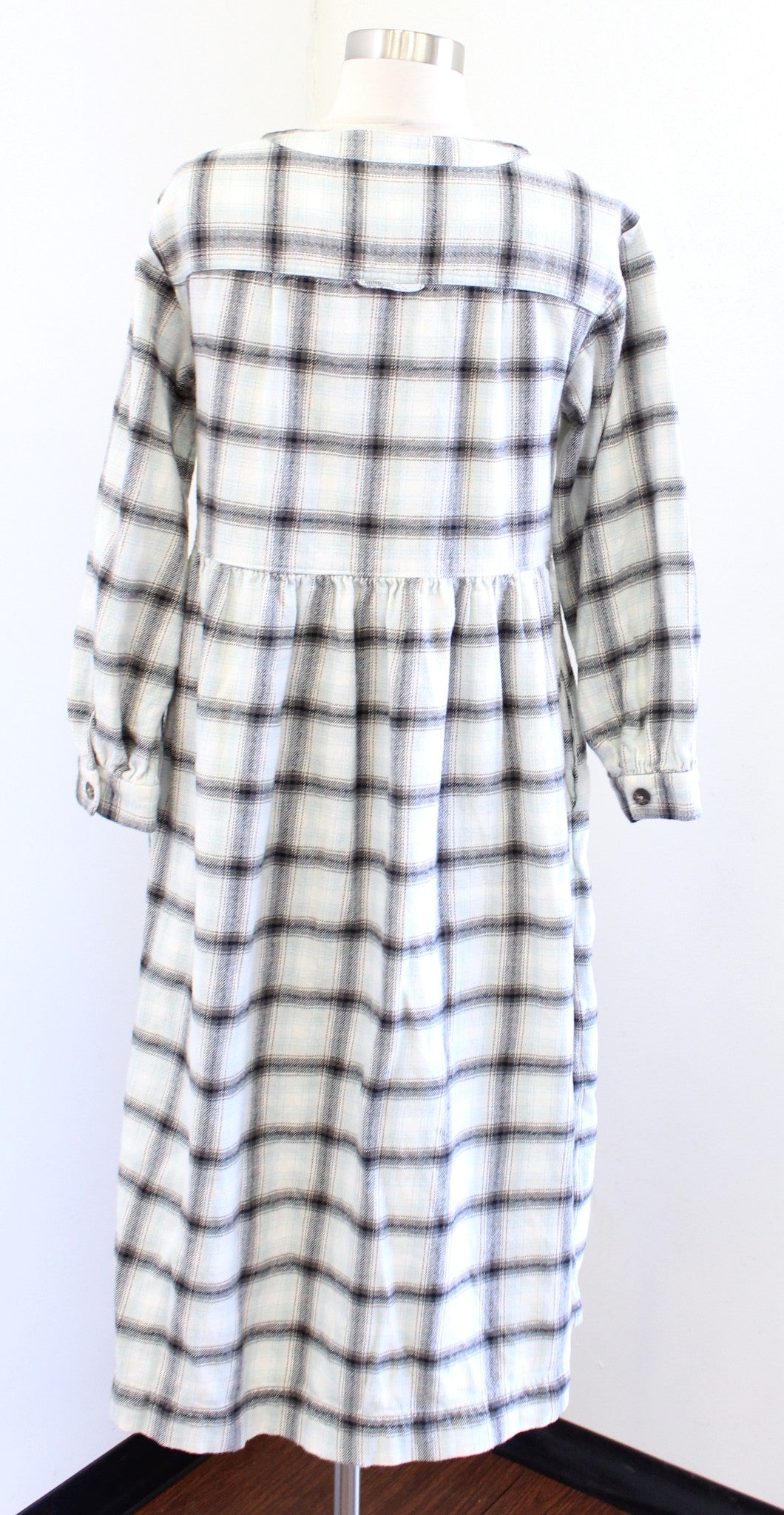 Madewell Plaid Flannel Knit Button Accent Midi Dress Size 2 Gray Mint V Neck