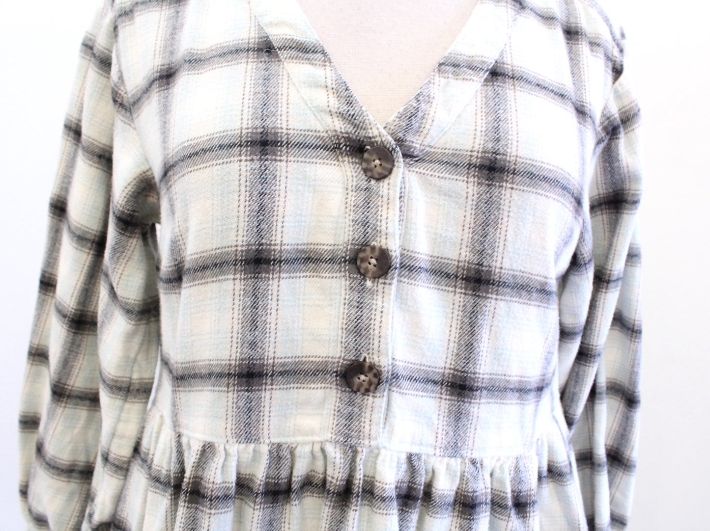 Madewell Plaid Flannel Knit Button Accent Midi Dress Size 2 Gray Mint V Neck