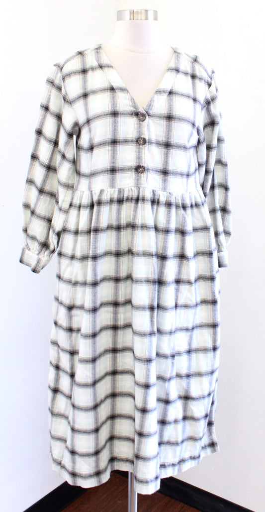 Madewell Plaid Flannel Knit Button Accent Midi Dress Size 2 Gray Mint V Neck