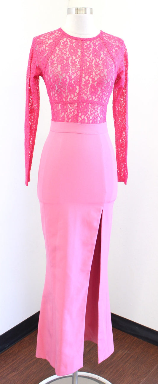 House of CB Pink Metallic Sheer Lace Bodice Bodycon Maxi Dress Size XS Evening