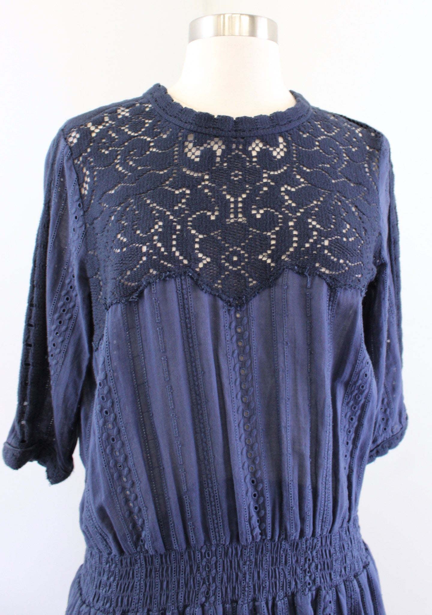 Sea New York Navy Blue Floral Lace Insert Smocked Casual Dress Size 6