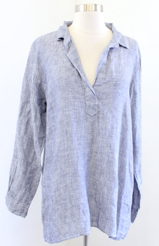 CP Shades Womens Blue 100% Linen V Neck Popover Tunic Top Blouse Sz S Lagenlook