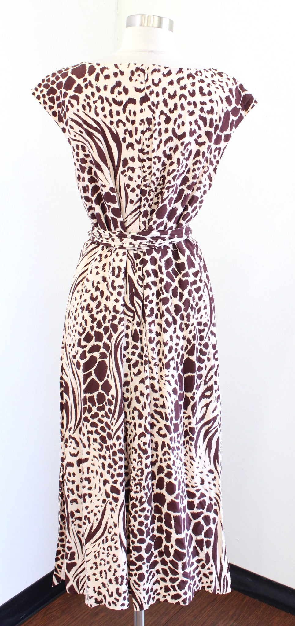 Ann Taylor Brown Beige Mixed Animal Print Tie Waist Midi Dress Size 12 Cheetah