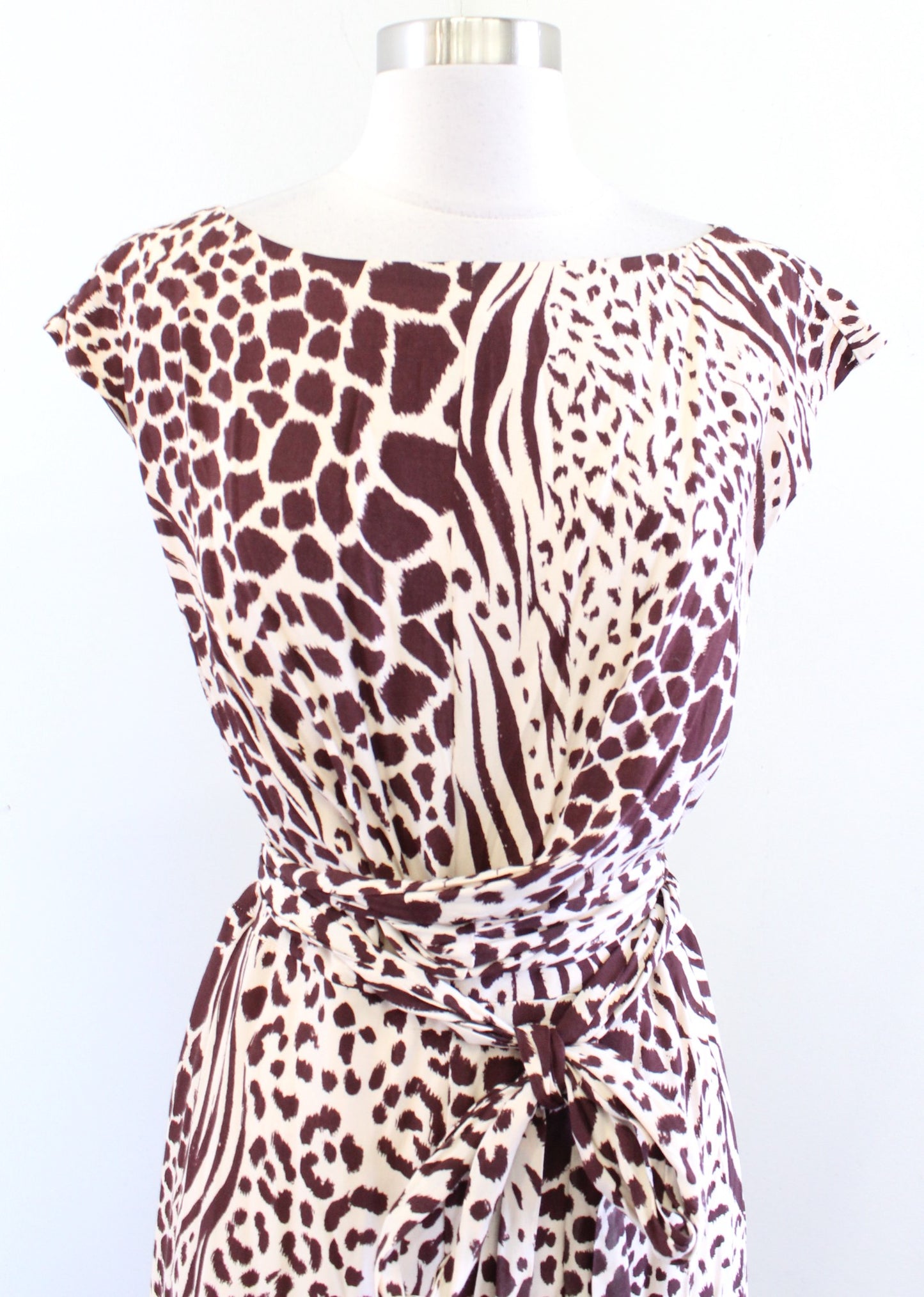 Ann Taylor Brown Beige Mixed Animal Print Tie Waist Midi Dress Size 12 Cheetah