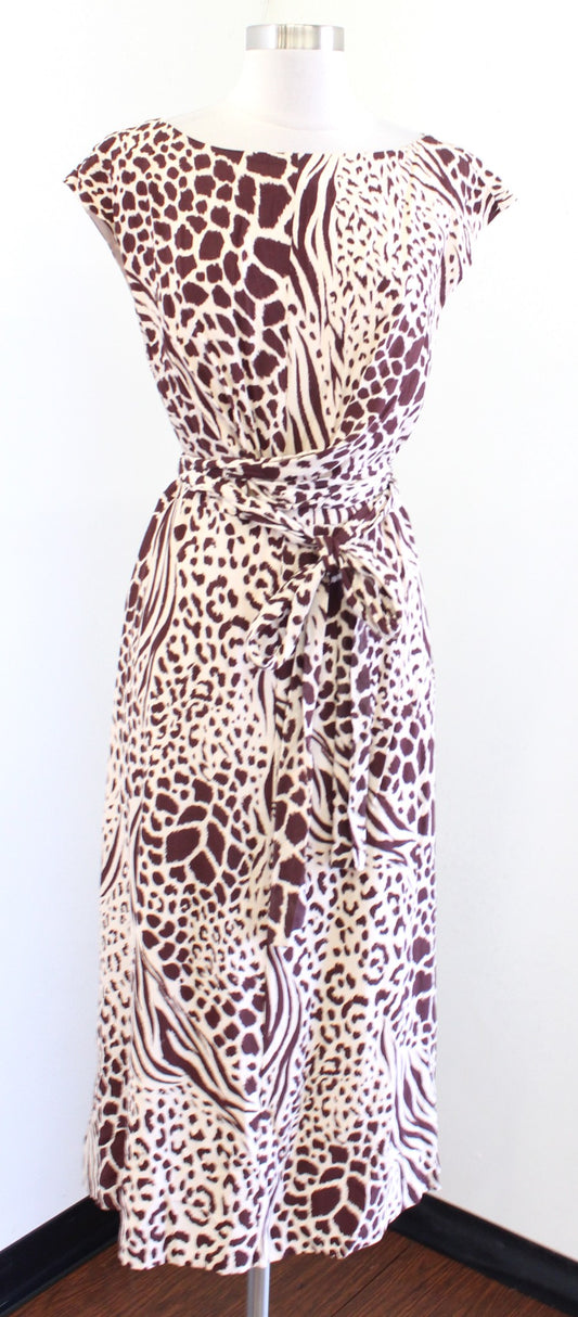 Ann Taylor Brown Beige Mixed Animal Print Tie Waist Midi Dress Size 12 Cheetah