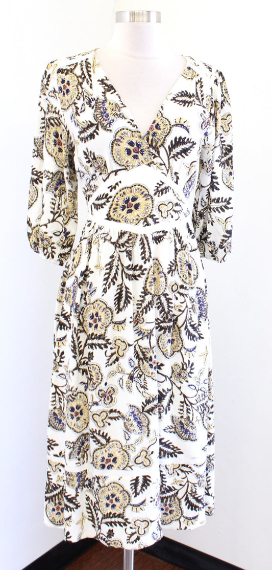 BA&SH Womens Vivienne Ivory Floral Print V Neck Crepe Midi Dress Size US 2 XS