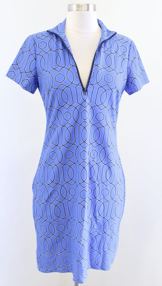 Jude Connally Blue Geometric Print Short Sleeve Zipper Neckline Dress Size XS