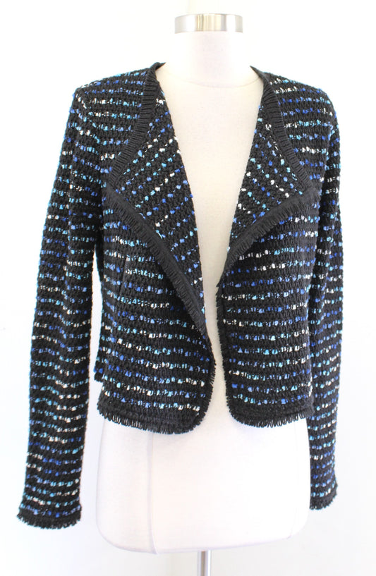 White House Black Market Black Blue Tweed Fringe Sweater Jacket Size S Cropped