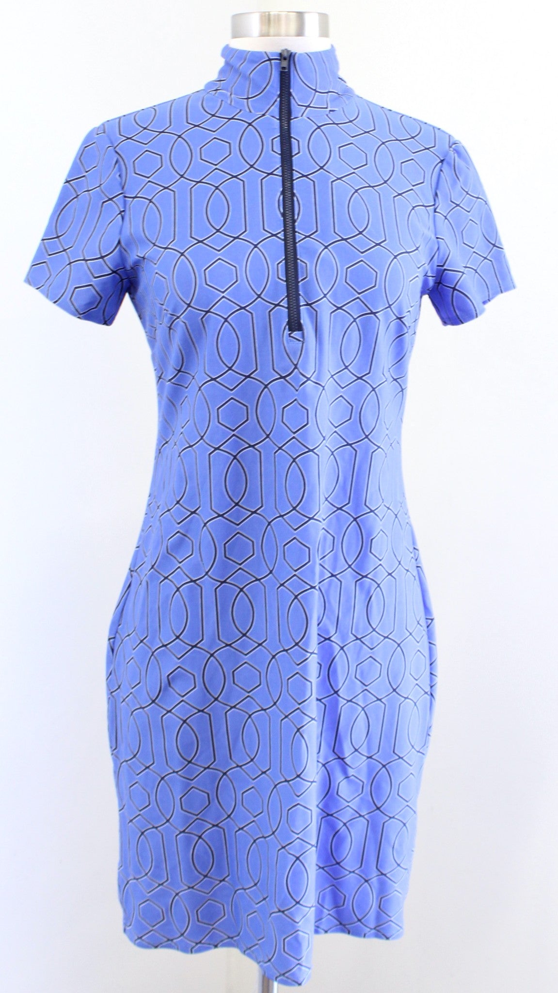 Jude Connally Blue Geometric Print Short Sleeve Zipper Neckline Dress Size XS