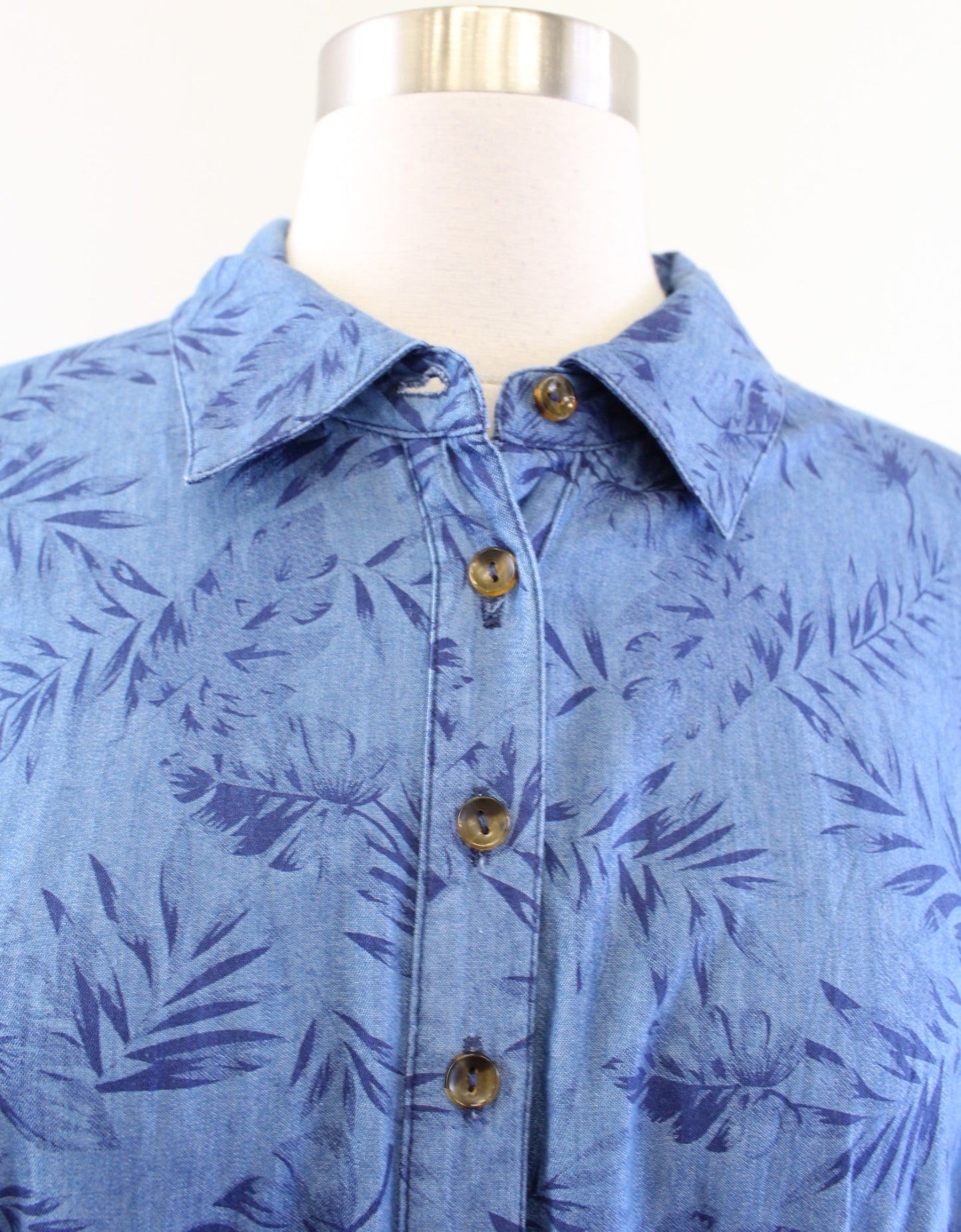 Modcloth Blue Chambray Palm Leaf Floral Button Front Print Shirt Dress Size M