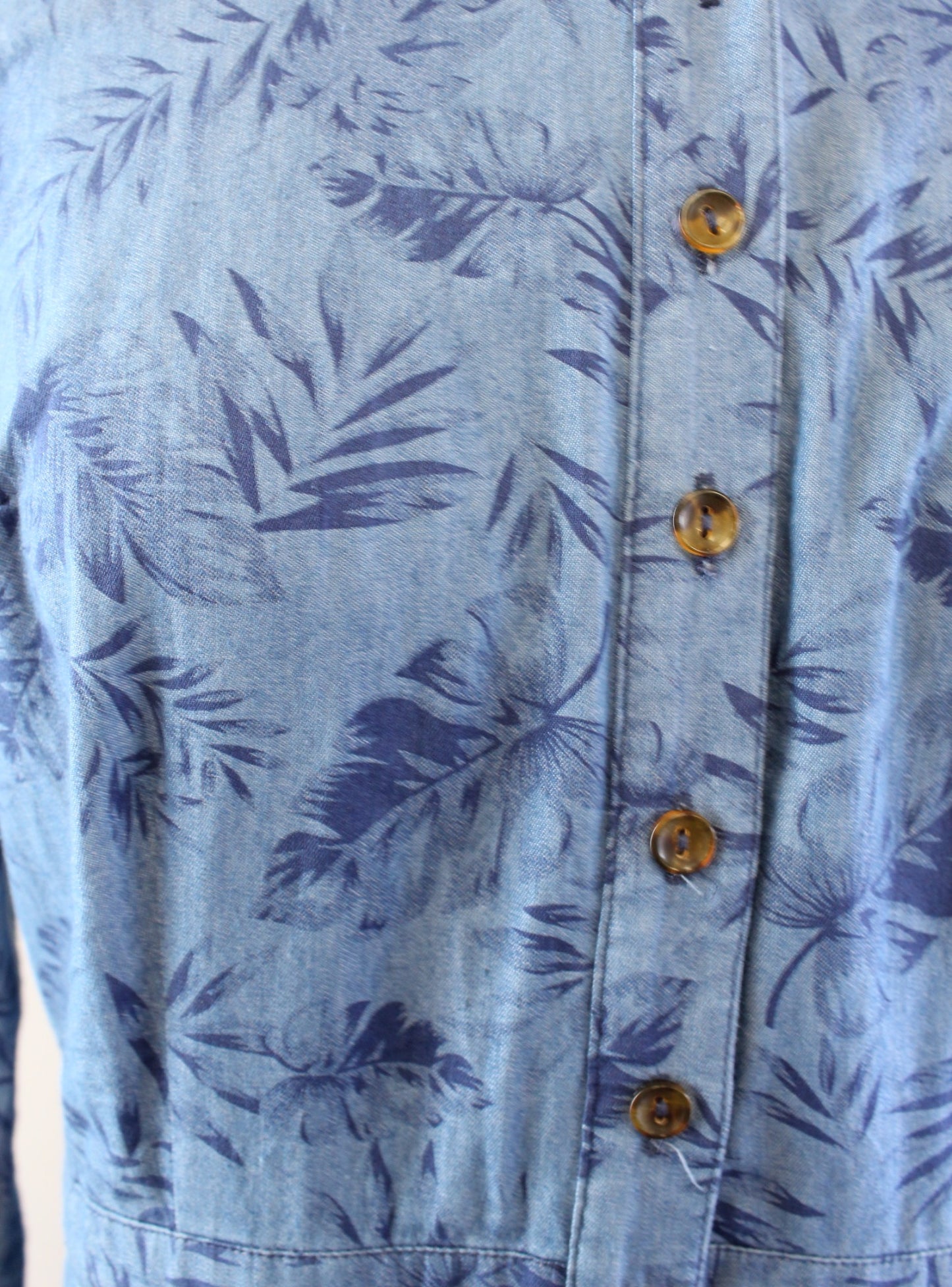 Modcloth Blue Chambray Palm Leaf Floral Button Front Print Shirt Dress Size M