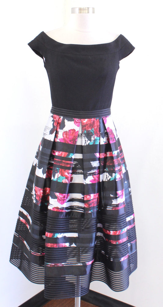 Carmen Marc Valvo Black Floral Striped Fit and Flare Off Shoulder Dress Party 4