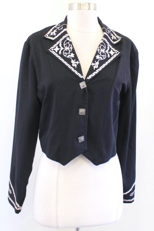 Vtg New Frontier Black White Floral Embroidered Cropped Western Jacket Blazer S