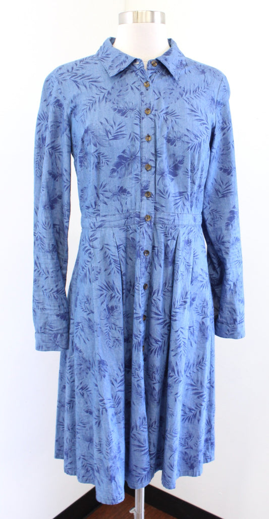 Modcloth Blue Chambray Palm Leaf Floral Button Front Print Shirt Dress Size M