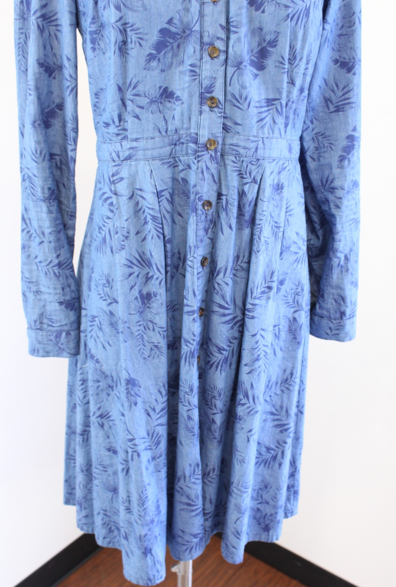 Modcloth Blue Chambray Palm Leaf Floral Button Front Print Shirt Dress Size M