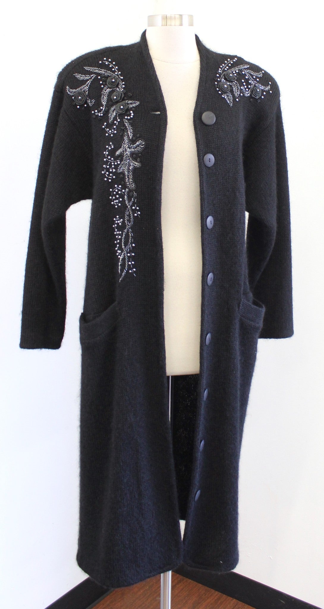 Vtg 90s Black Sequin Beaded Long Sweater Cardigan Jacket Size XS Mohair Wool