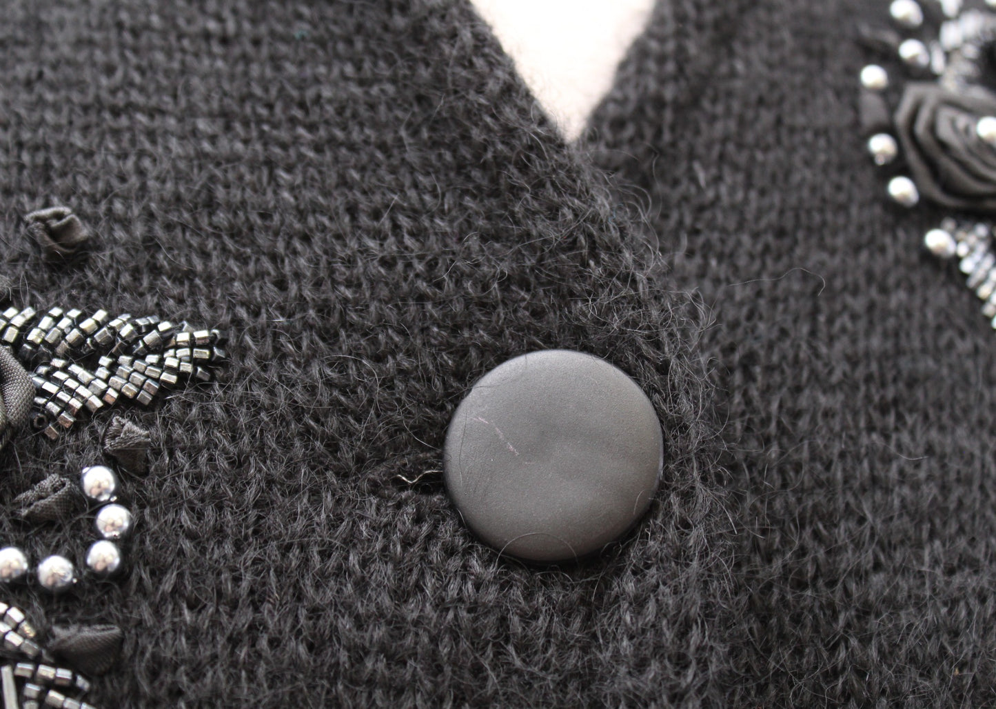 Vtg 90s Black Sequin Beaded Long Sweater Cardigan Jacket Size XS Mohair Wool