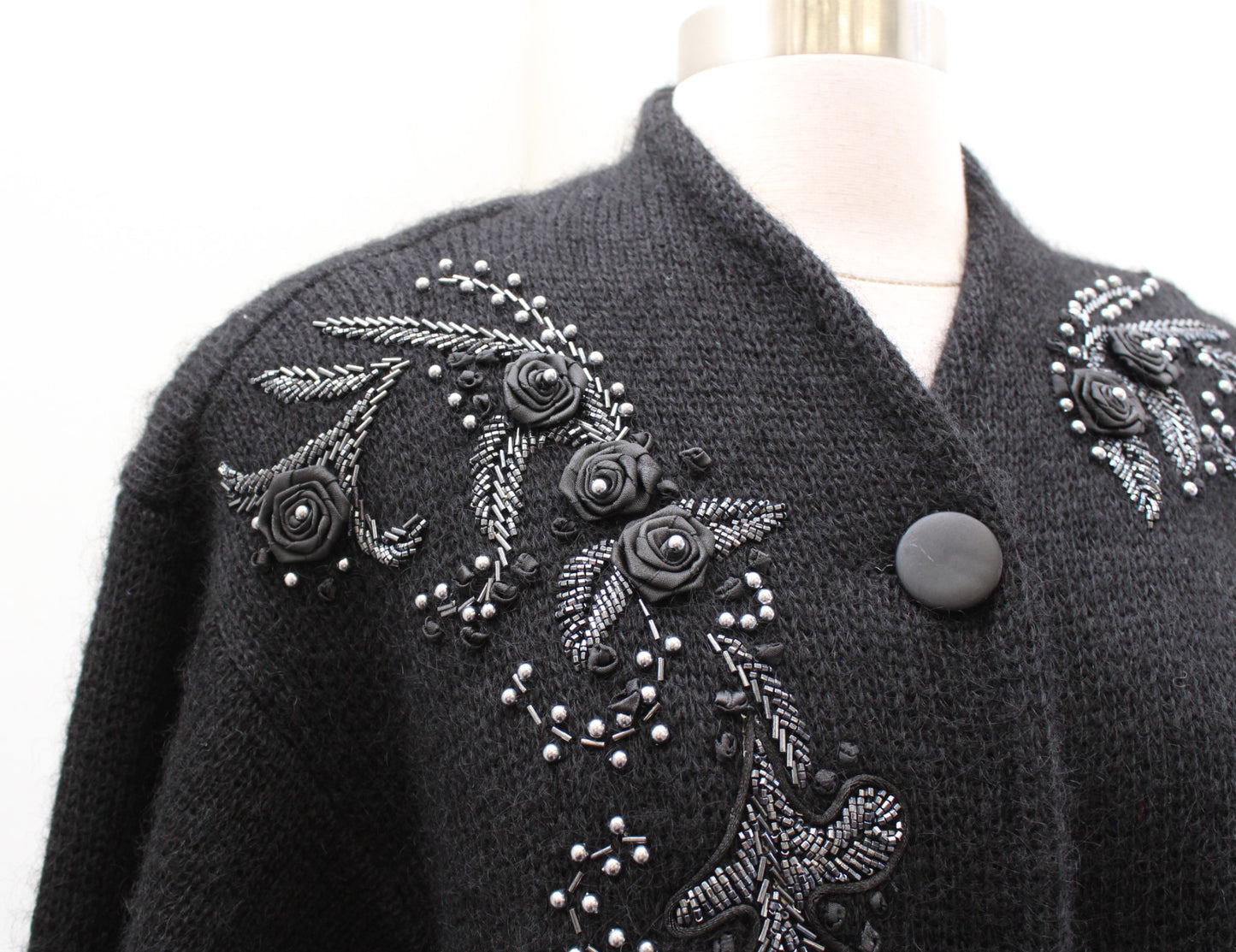 Vtg 90s Black Sequin Beaded Long Sweater Cardigan Jacket Size XS Mohair Wool