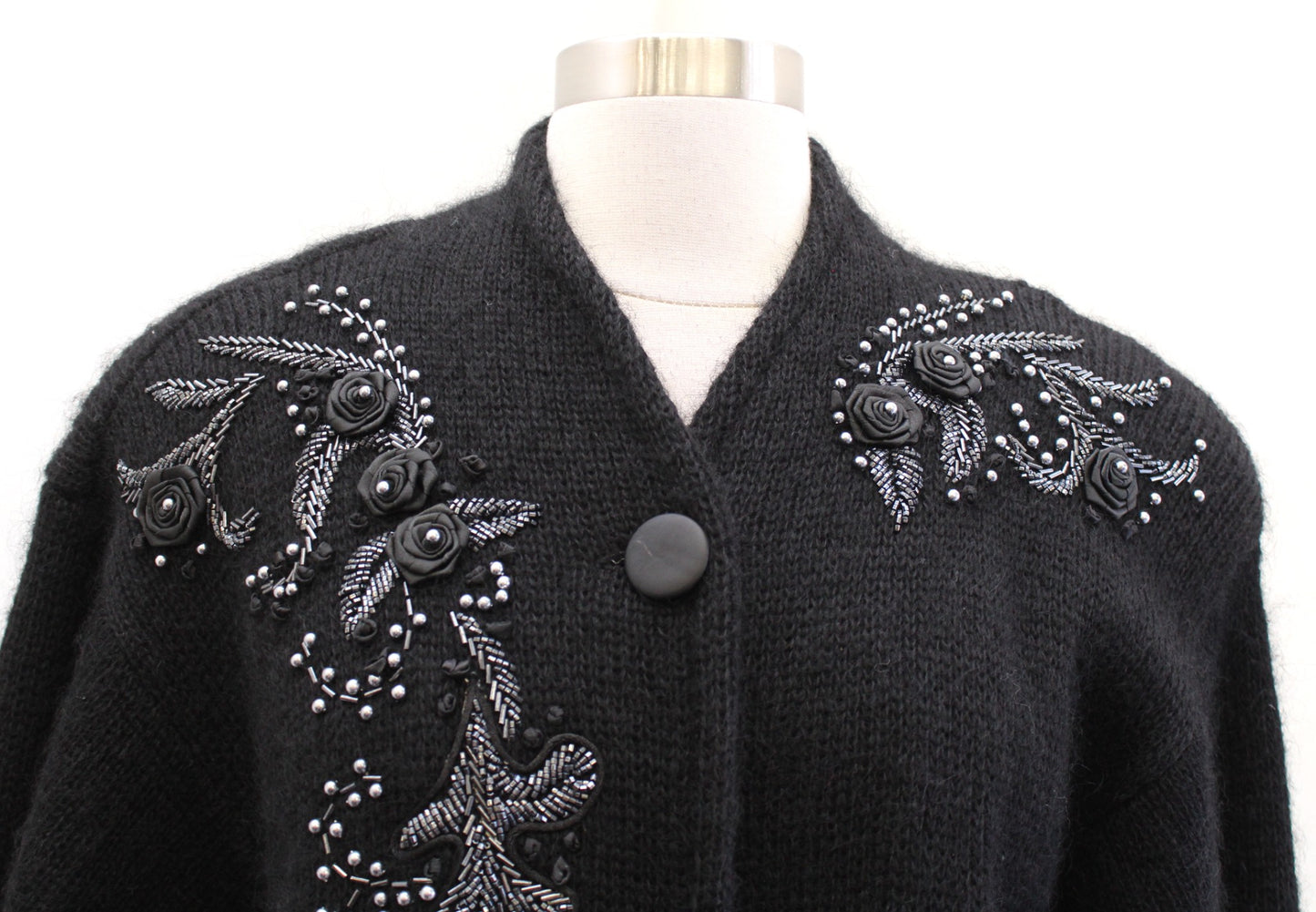 Vtg 90s Black Sequin Beaded Long Sweater Cardigan Jacket Size XS Mohair Wool