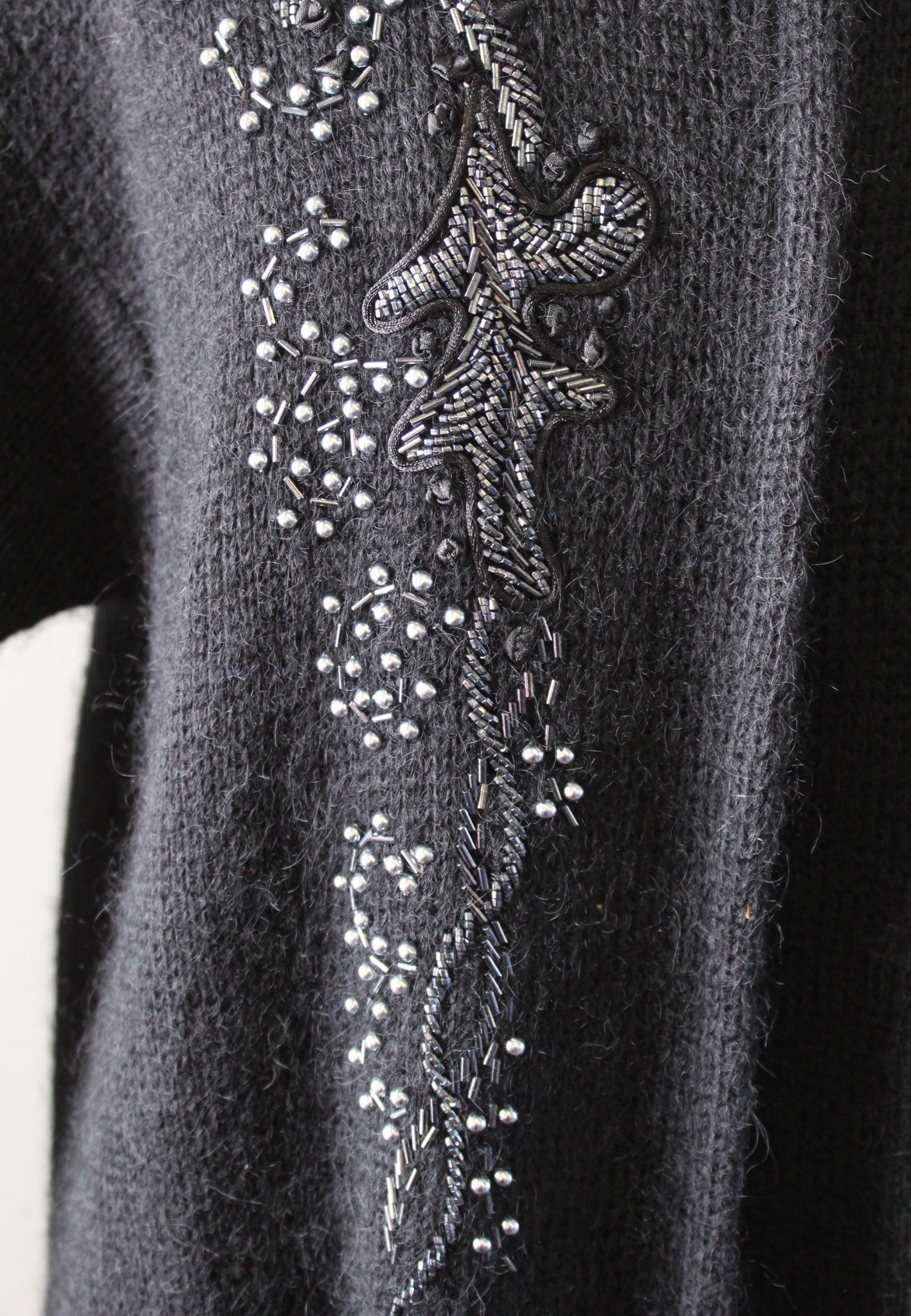 Vtg 90s Black Sequin Beaded Long Sweater Cardigan Jacket Size XS Mohair Wool