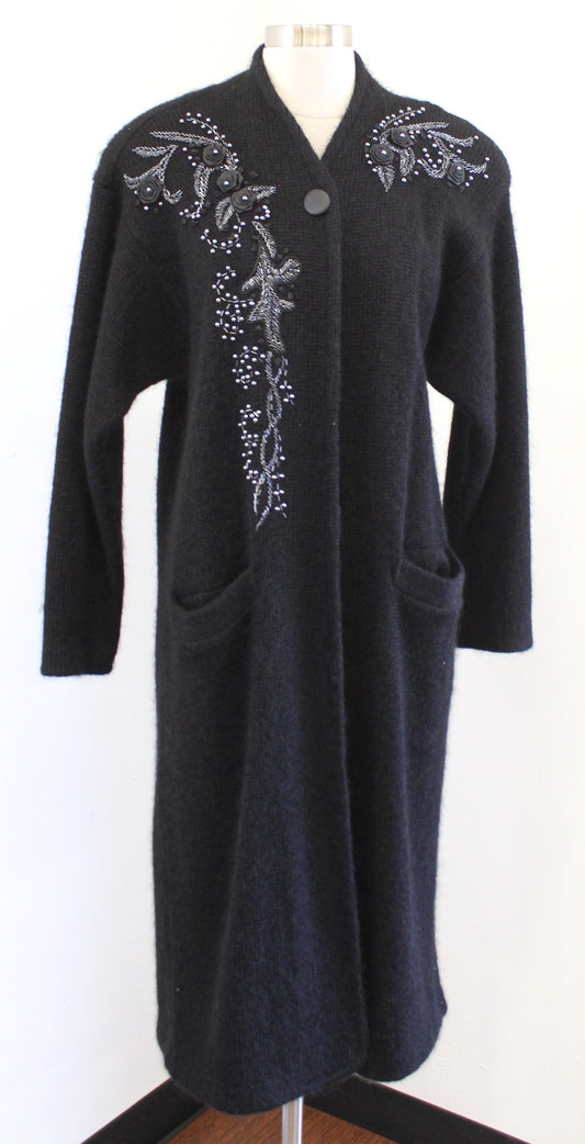 Vtg 90s Black Sequin Beaded Long Sweater Cardigan Jacket Size XS Mohair Wool
