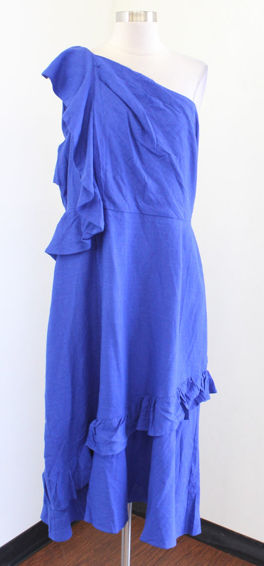 NWT City Chic Escapism Blue Ruffle One Shoulder Mid Maxi Dress Linen Size 16