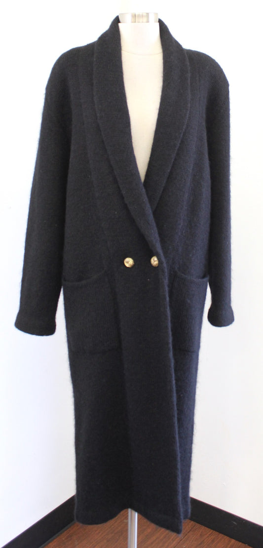 Vtg 90s Black Wool Mohair Fuzzy Long Cardigan Sweater Jacket Size S Coatigan