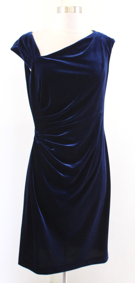 Lauren Ralph Lauren Blue Velvet Asymmetrical Neckline Ruched Sheath Dress Size 6