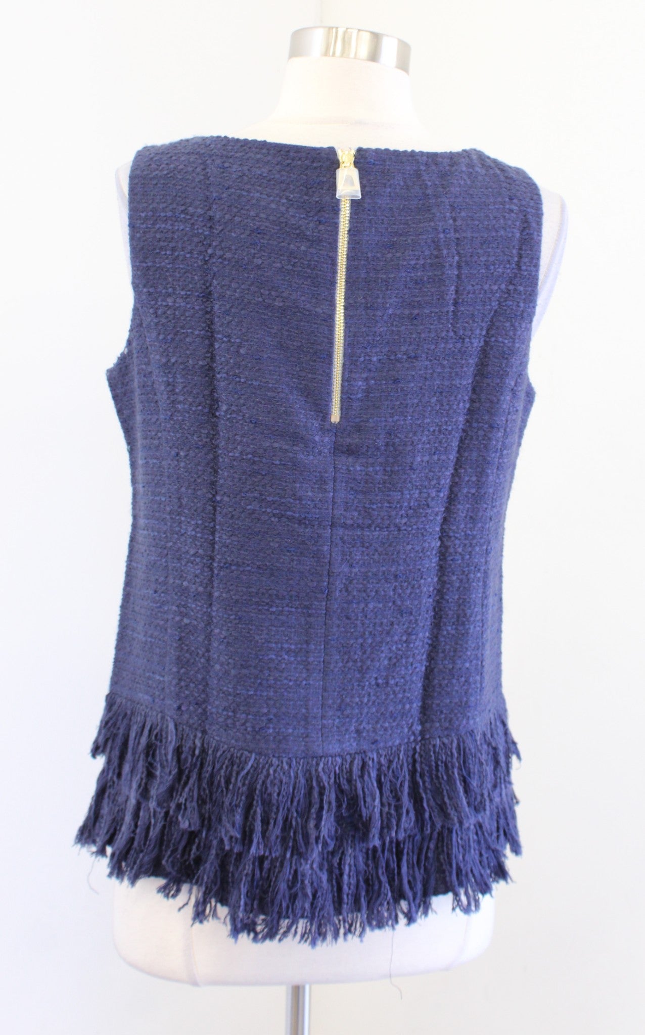 NWT Sail to Sable Navy Blue Nubby Tweed Fringe Trim Tank Top Blouse Size S