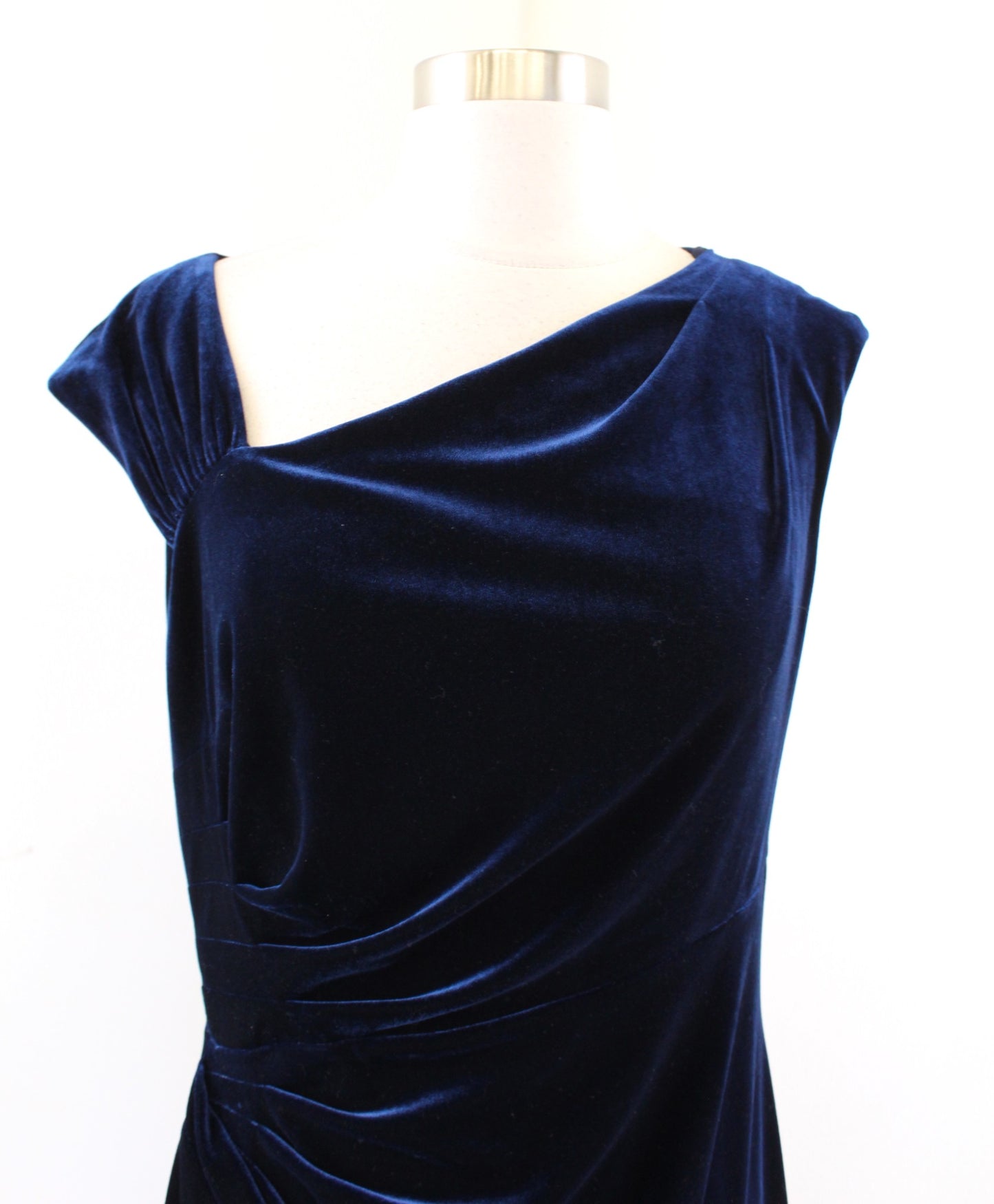 Lauren Ralph Lauren Blue Velvet Asymmetrical Neckline Ruched Sheath Dress Size 6