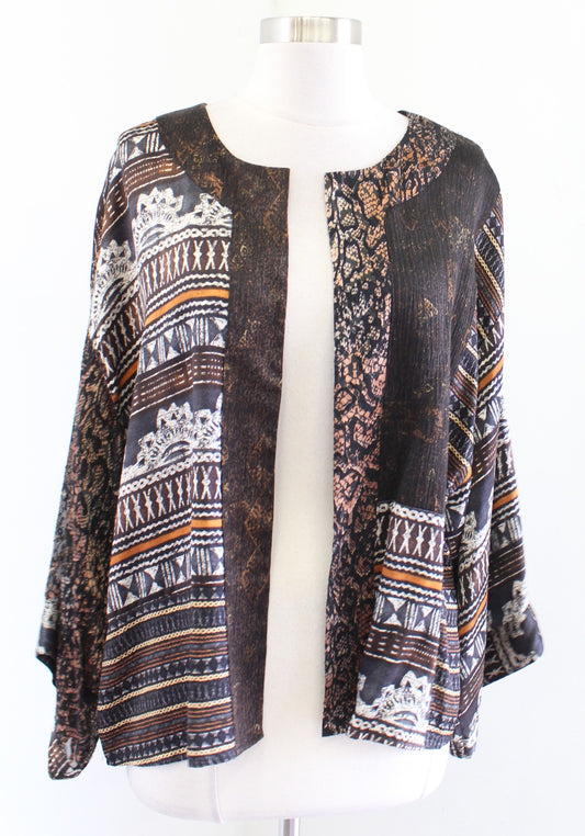 Chicos Brown Patchwork Geometric Animal Print Silk Blend Topper Jacket Size 3