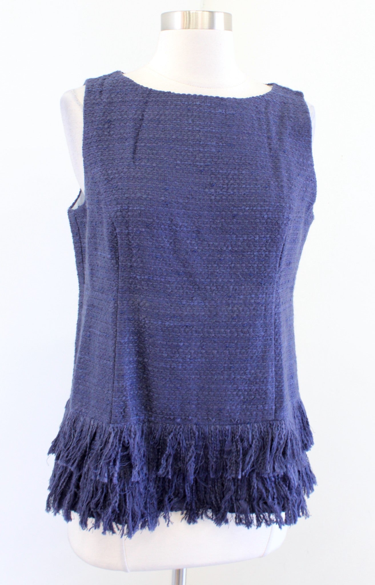 NWT Sail to Sable Navy Blue Nubby Tweed Fringe Trim Tank Top Blouse Size S