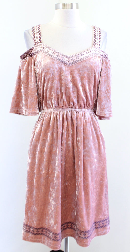 NWT Lucky Brand Pink Crushed Velvet Cold Shoulder Embroidered Trim Dress Size XS