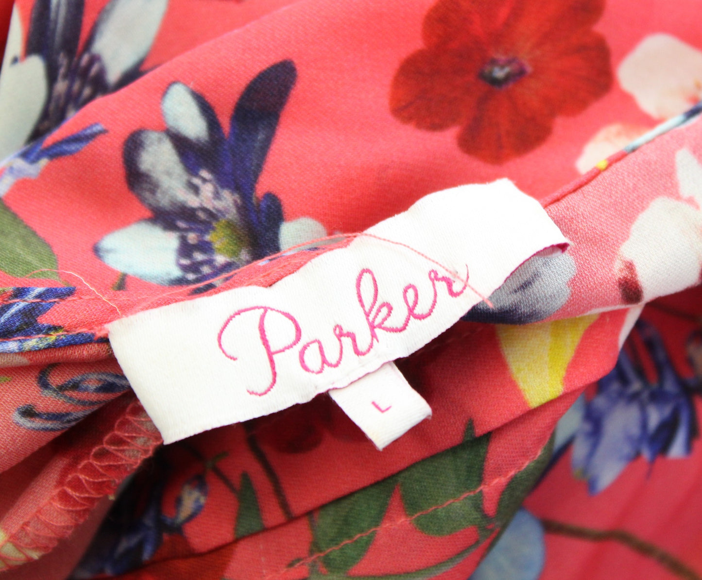 Parker Coral Floral Ruffle Cap Sleeve Pleated Silk Blend Top Blouse Size L