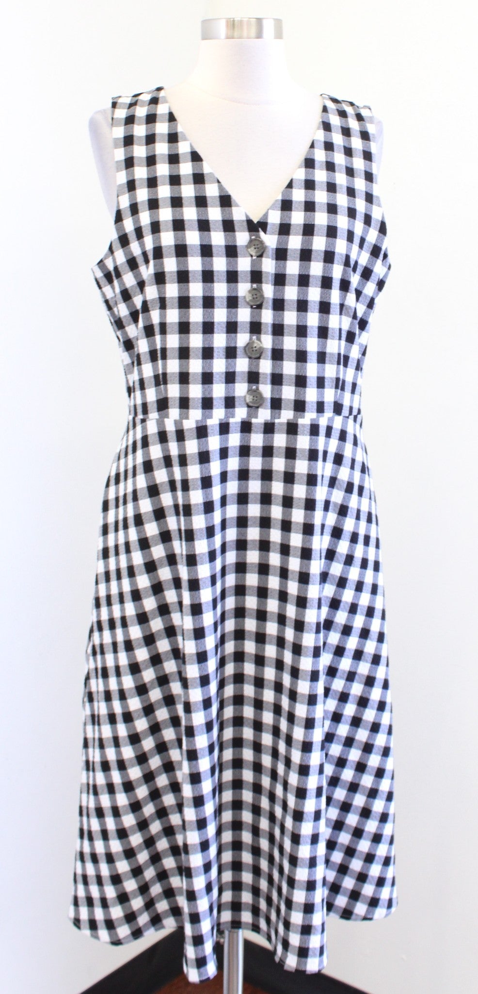 Ann Taylor Factory Black White Gingham Plaid Sleeveless A Line Dress Sz 8 V Neck