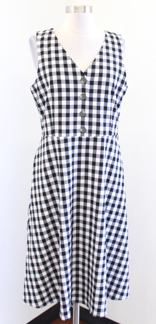 Ann Taylor Factory Black White Gingham Plaid Sleeveless A Line Dress Sz 8 V Neck