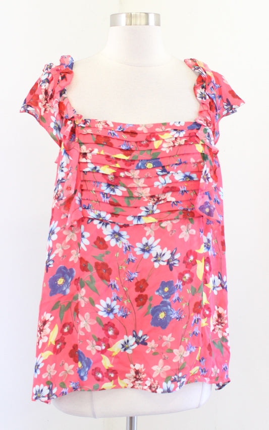 Parker Coral Floral Ruffle Cap Sleeve Pleated Silk Blend Top Blouse Size L