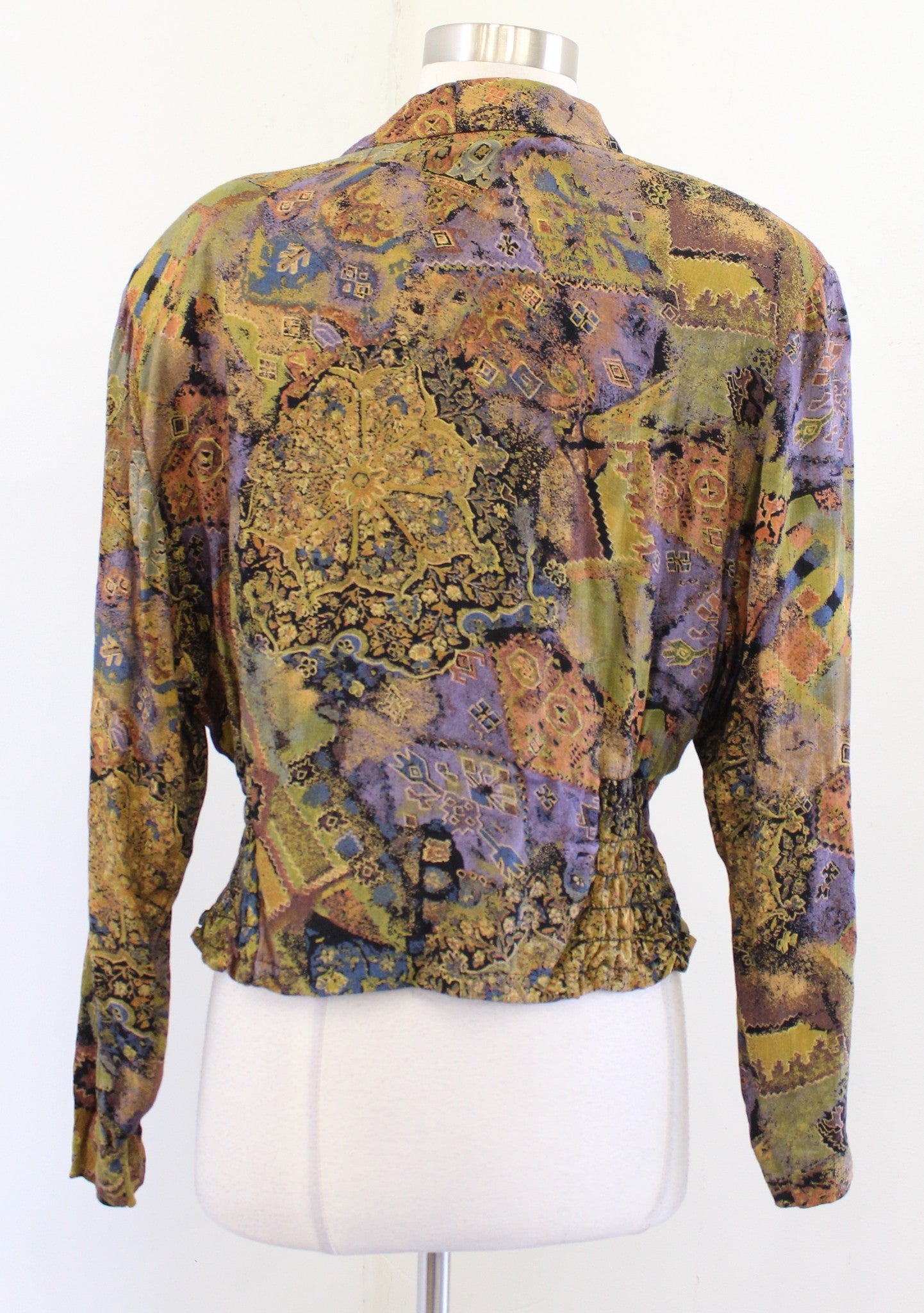 Vtg 80s 90s Abstract Print Surplice Ruched Smocked Top Blouse Size 12 Retro