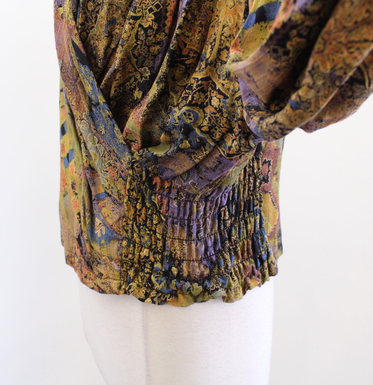 Vtg 80s 90s Abstract Print Surplice Ruched Smocked Top Blouse Size 12 Retro