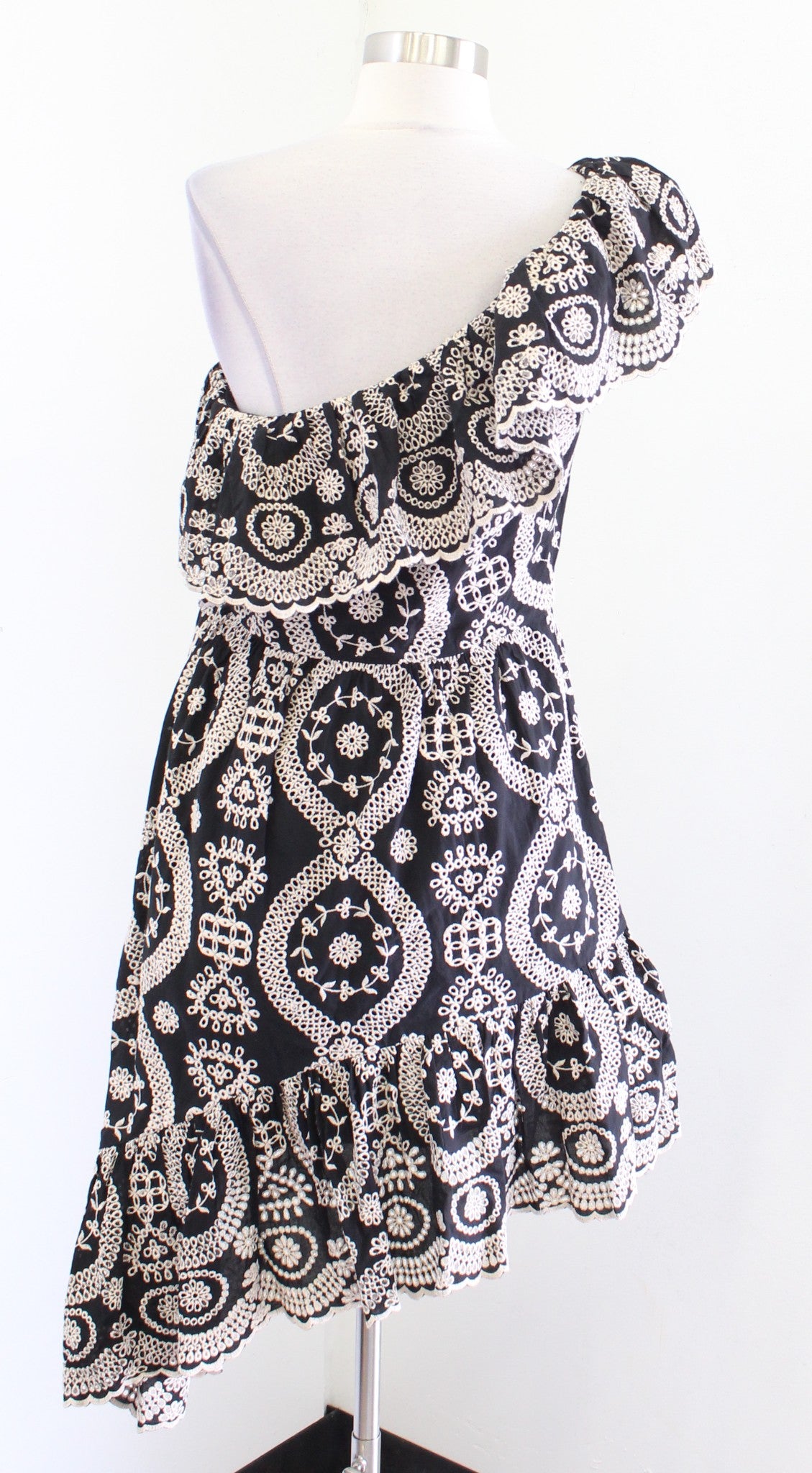 Love Shack Fancy Pamela Embroidered Asymmetrical Hem One Shoulder Dress Ruffle L