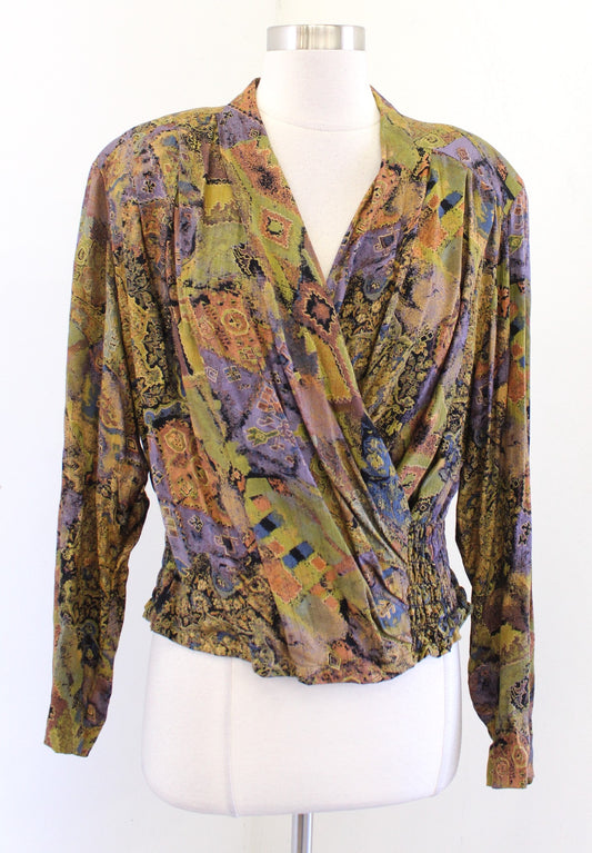 Vtg 80s 90s Abstract Print Surplice Ruched Smocked Top Blouse Size 12 Retro