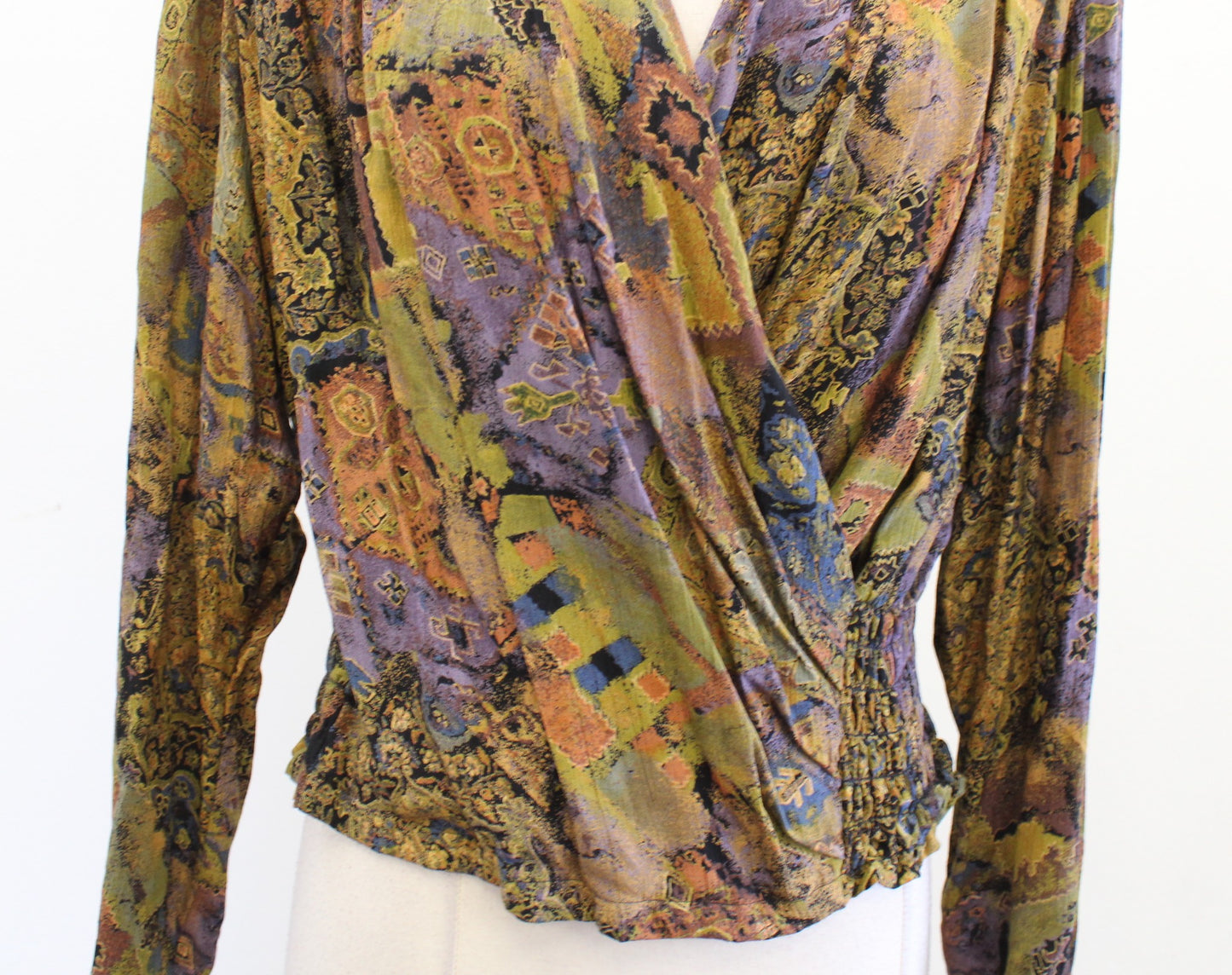 Vtg 80s 90s Abstract Print Surplice Ruched Smocked Top Blouse Size 12 Retro